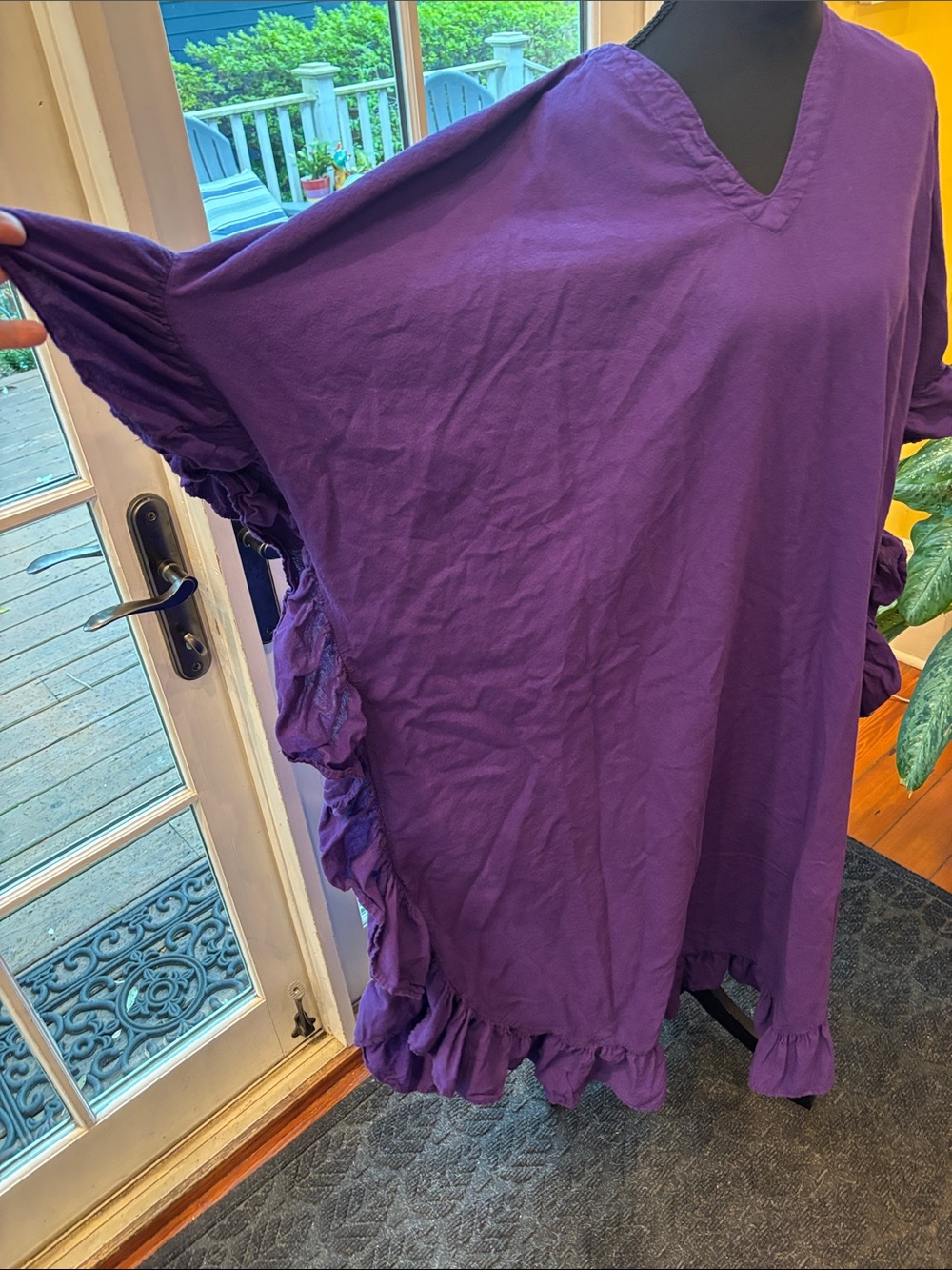 Purple V-Neck Ruffled Maxi Dress - Relaxed Women's Caftan - Picture 2 of 7